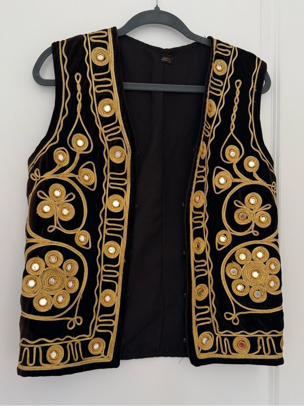 Vintage 1970s Brown Velvet Heavy Gold Embroidered Bohemian Vest with Mirrors
